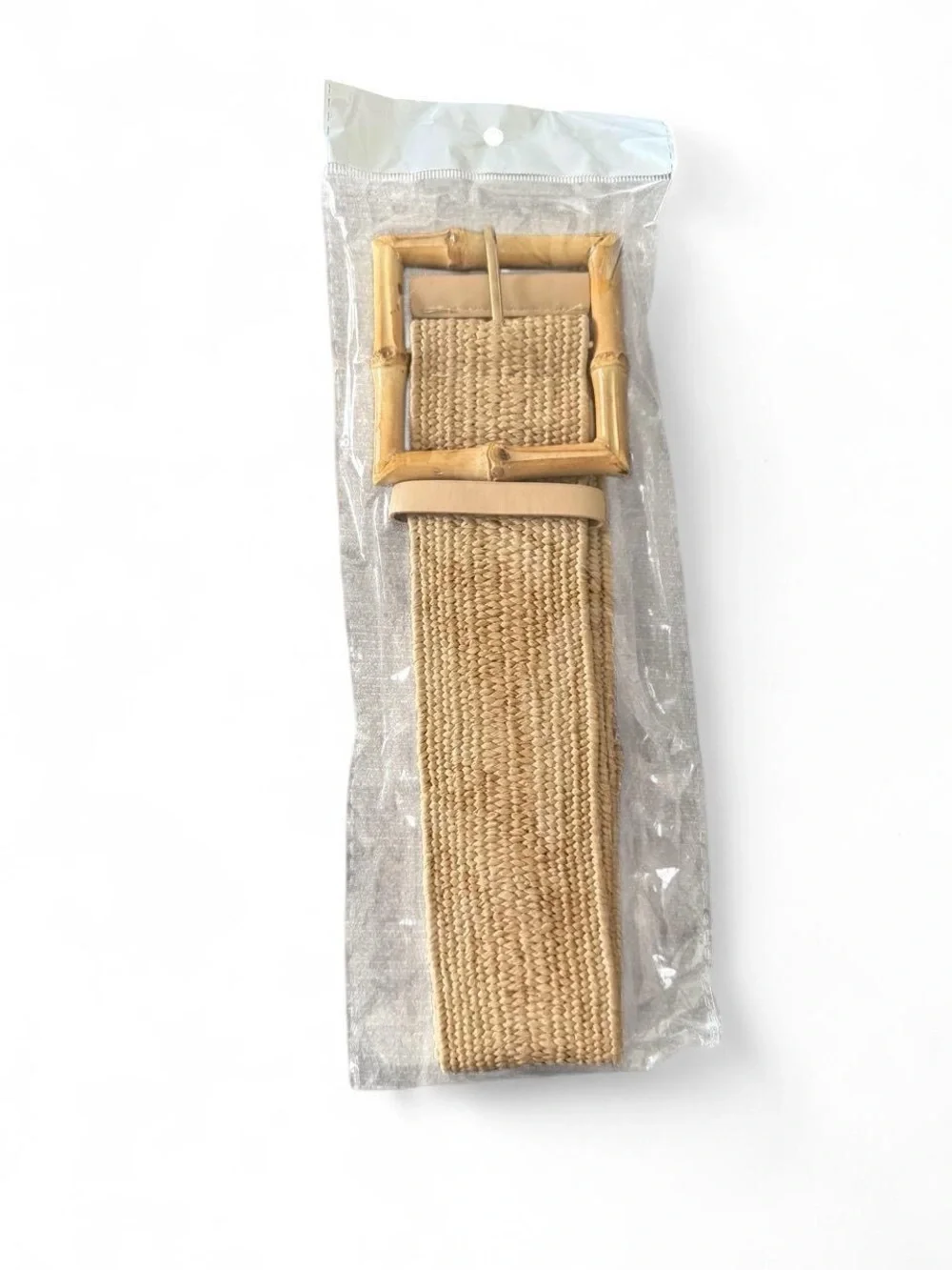 Neutral Woven Straw Belt with Bamboo Buckle